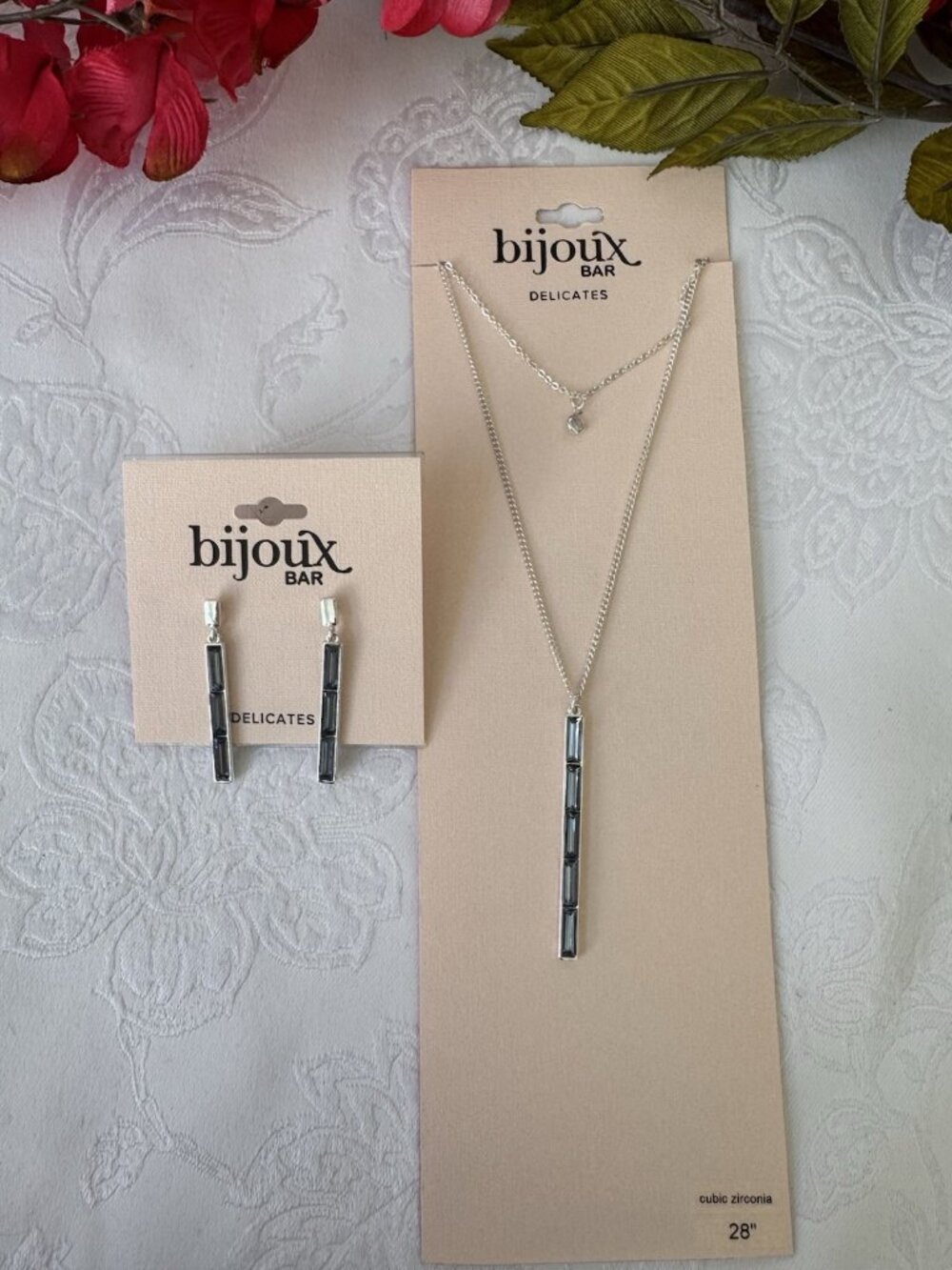 Bijoux Blue Silvertone Glass Charm Bar 1.5" Earrings Dangle 28" Necklace SET NEW